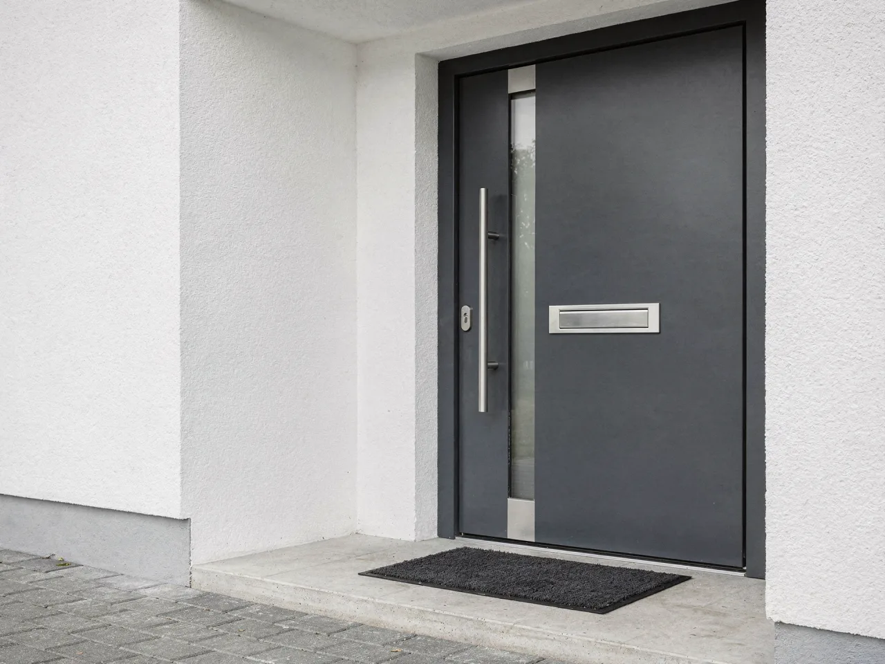 Anthrazitfarbene Aluminium-Haustür mit langem Edelstahlgriff an einer hellen Putzfassade