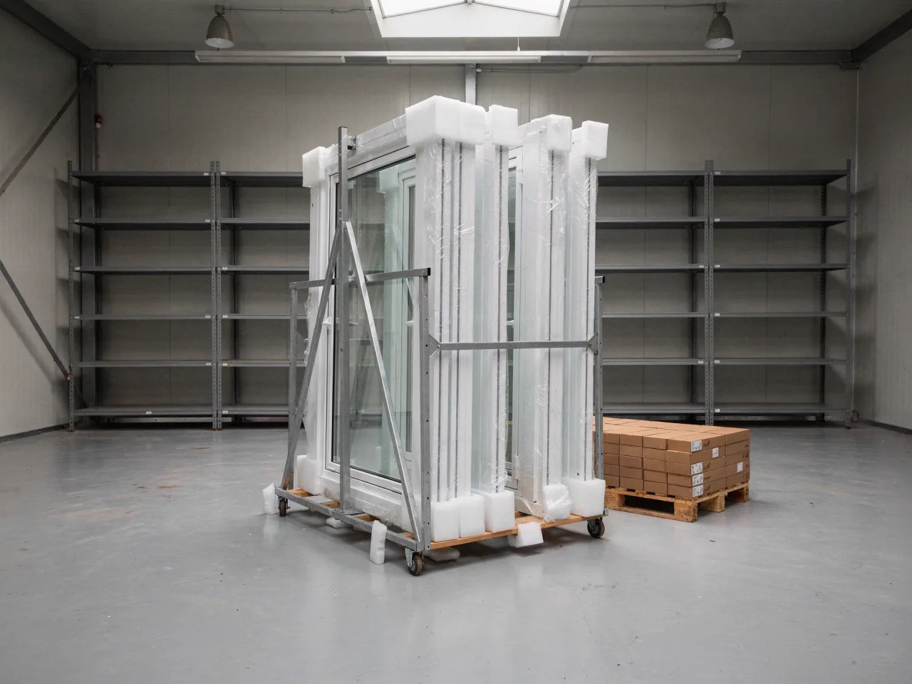 Neue Fensterrahmen in Schutzfolie auf einem Transportgestell in einer Lagerhalle